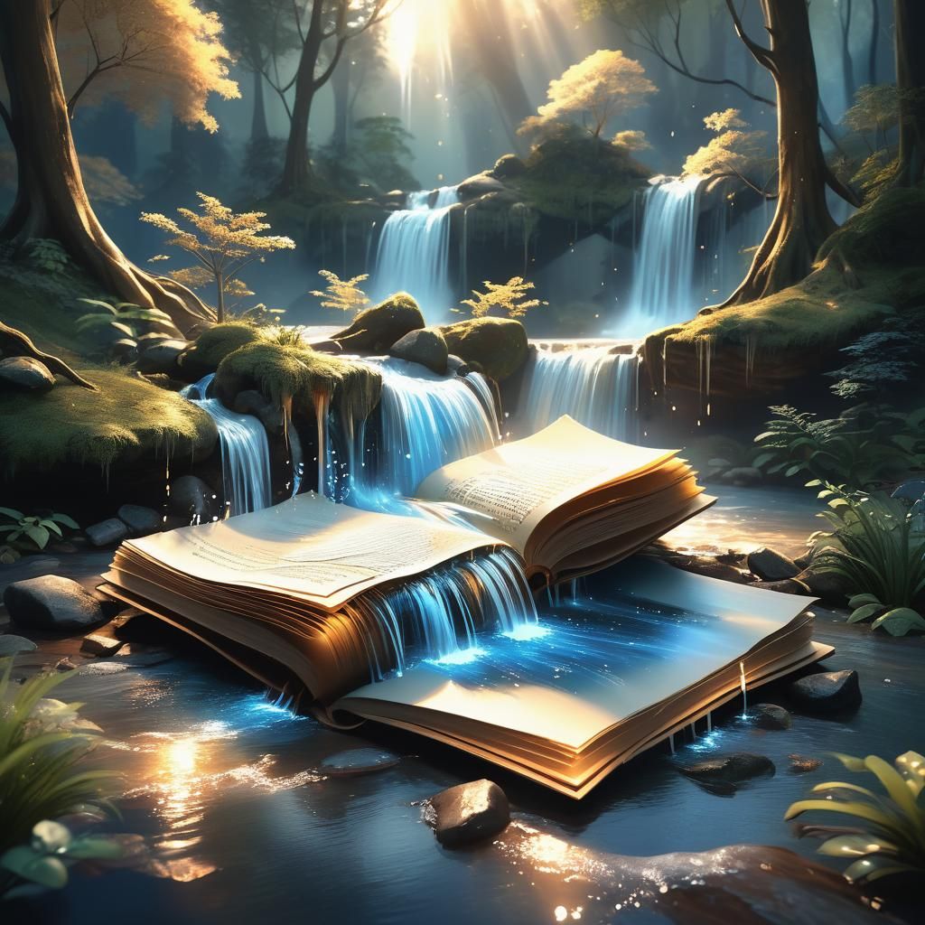 Waterfalls Pour from Open Book in Serene Forest