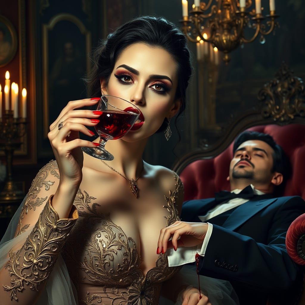 Vampire Woman in Luxurious Gold-Embroidered Gown Sipping Blo...