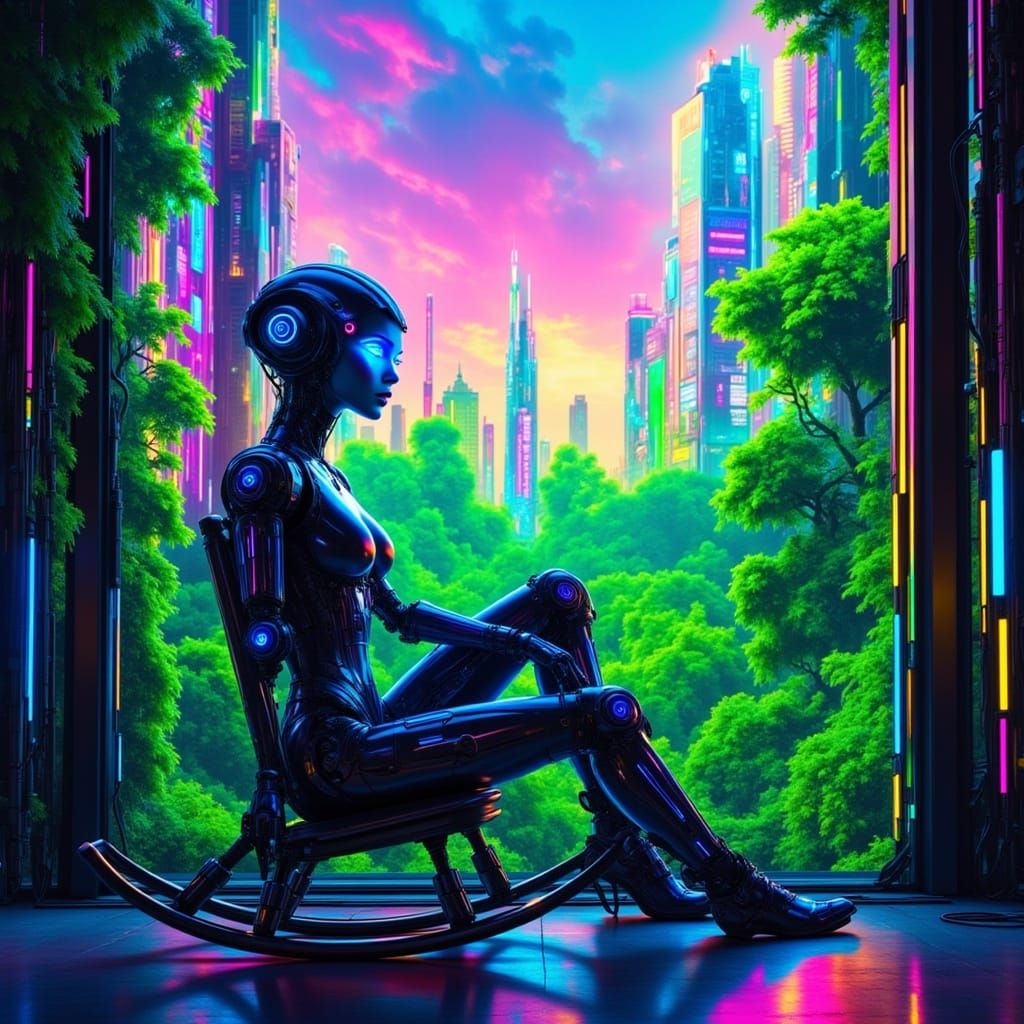 Cybernetic Woman in Forest Setting, Watercolor Style