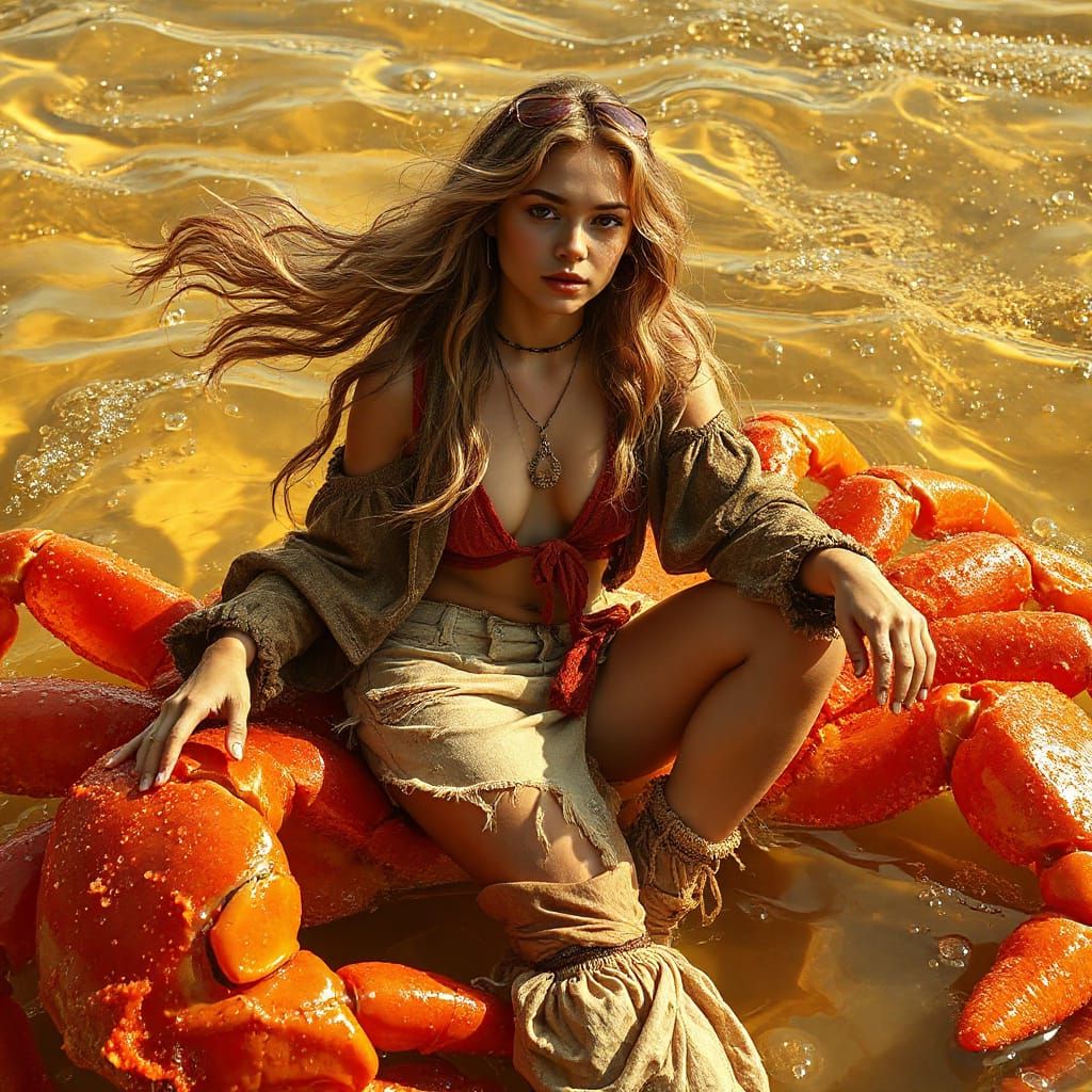 Woman on Gummy Crab in Dreamlike Soda Sea