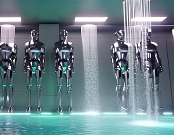 Humanoid Robots in Futuristic Shower Room