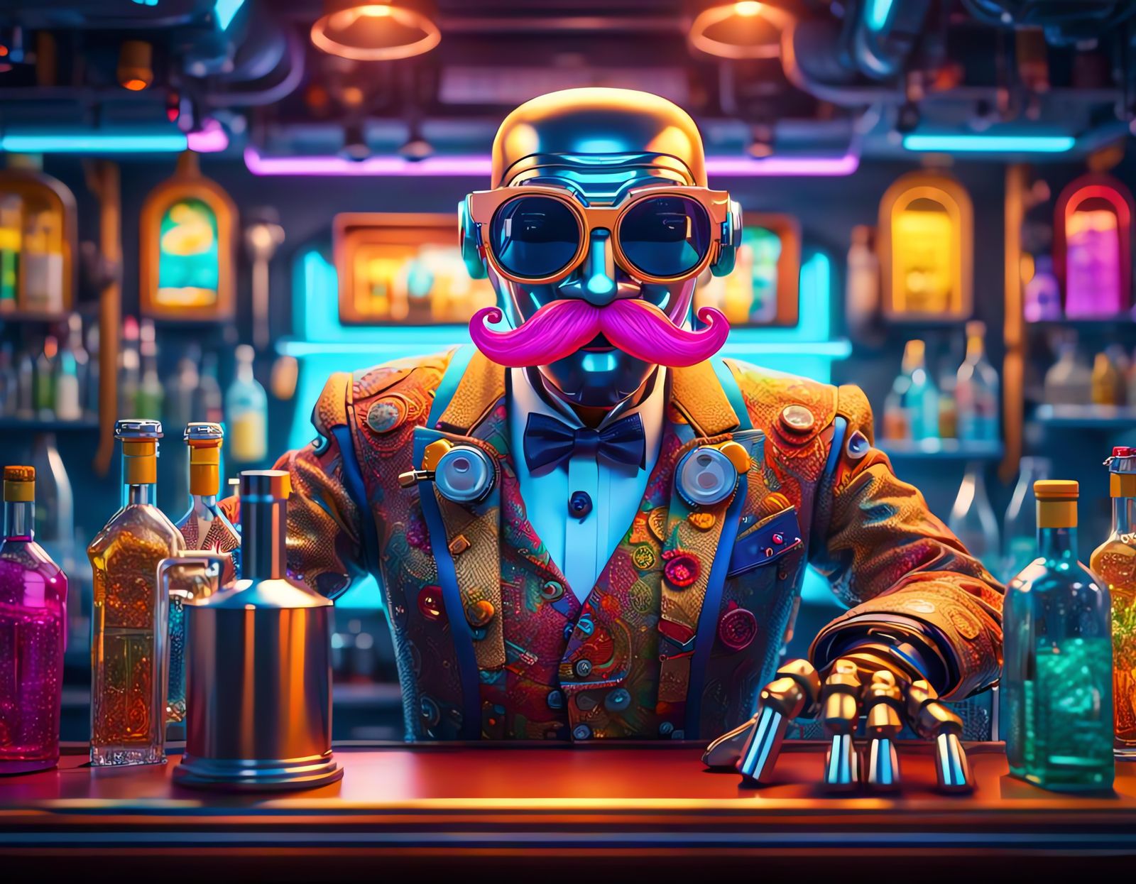 Vibrant Pop Art Portrait of Robotic Bartender in Futuristic...