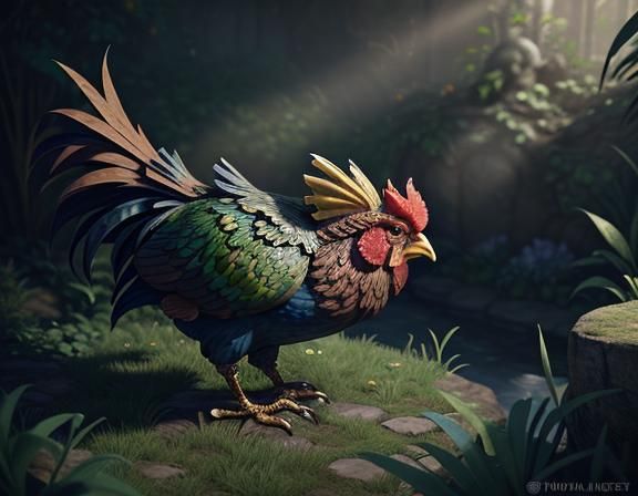 Epic Female Gnome Tending to Majestic Rooster in Lush Fantas...