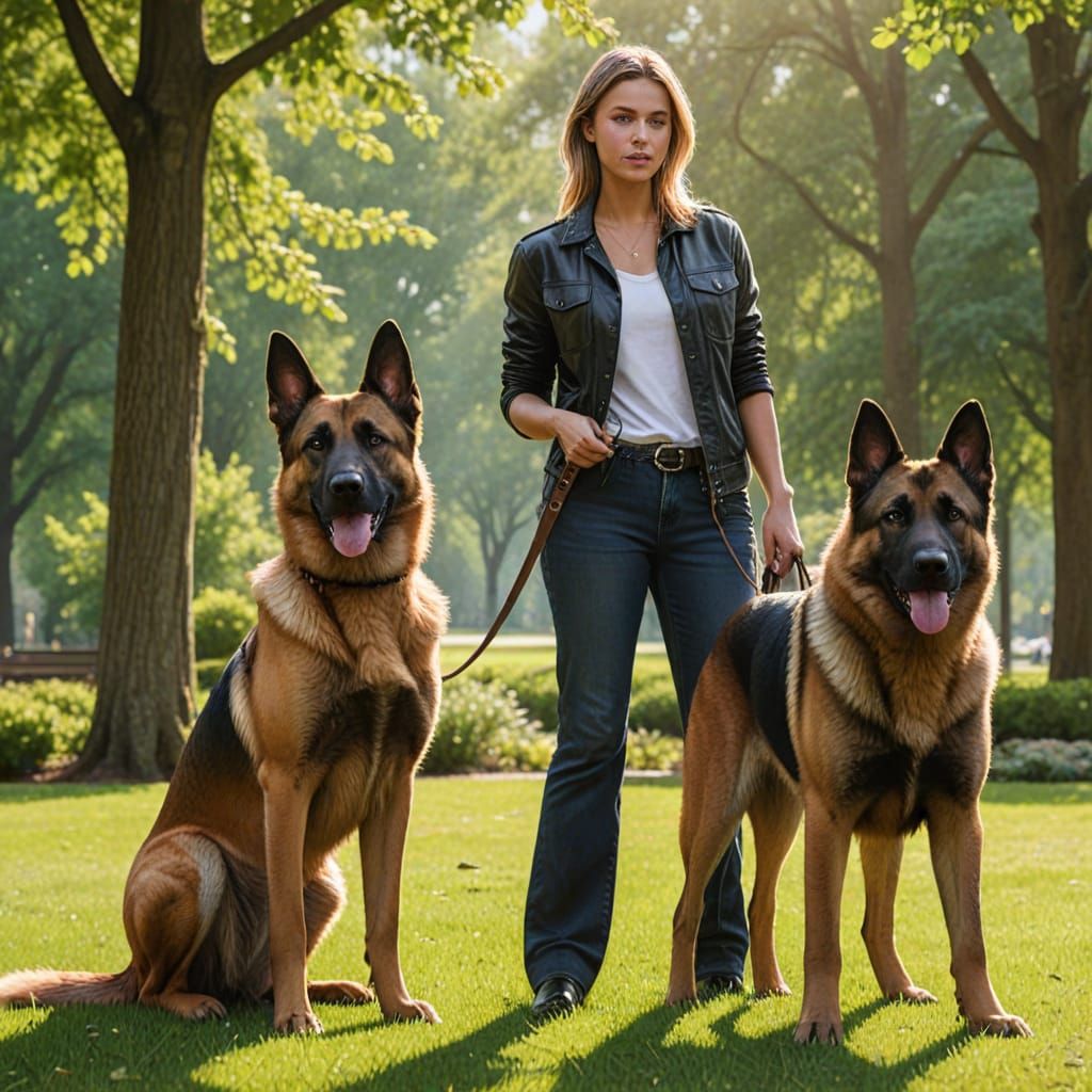 Woman with Belgian and German Shepherds in Park