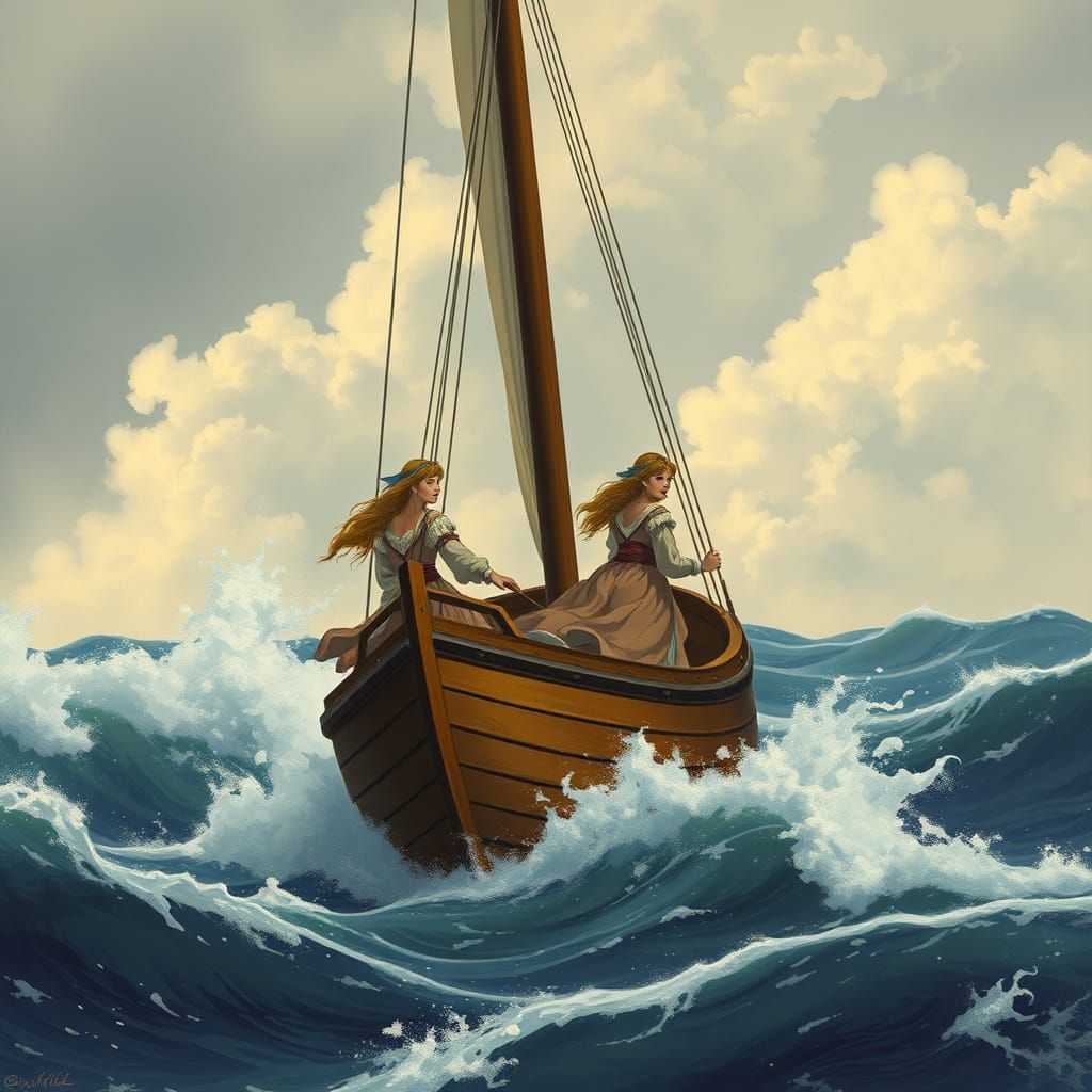 Eight Women Row a Wooden Boat in Turbulent Waters