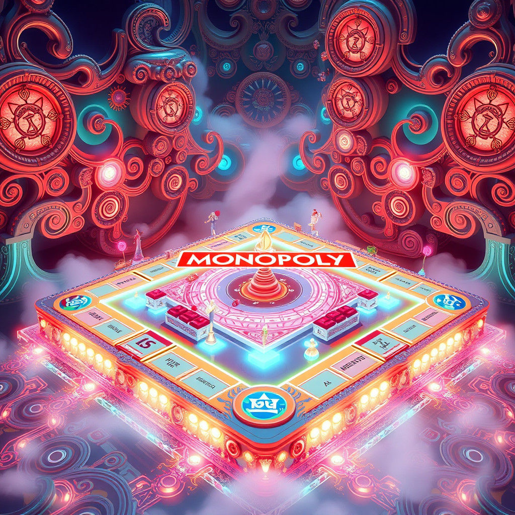 Cyberpunk Monopoly Board Game in a Dreamlike Environment