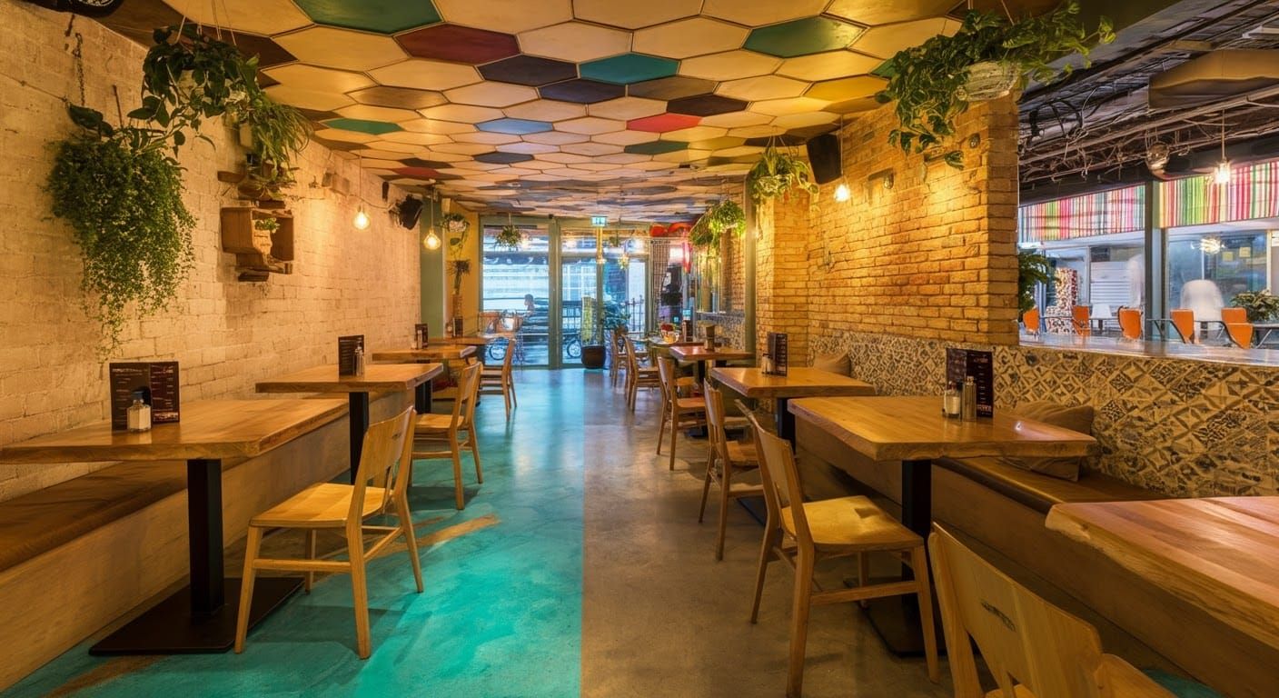 Eclectic Cafe Interior with Colorful Hexagonal Tiles