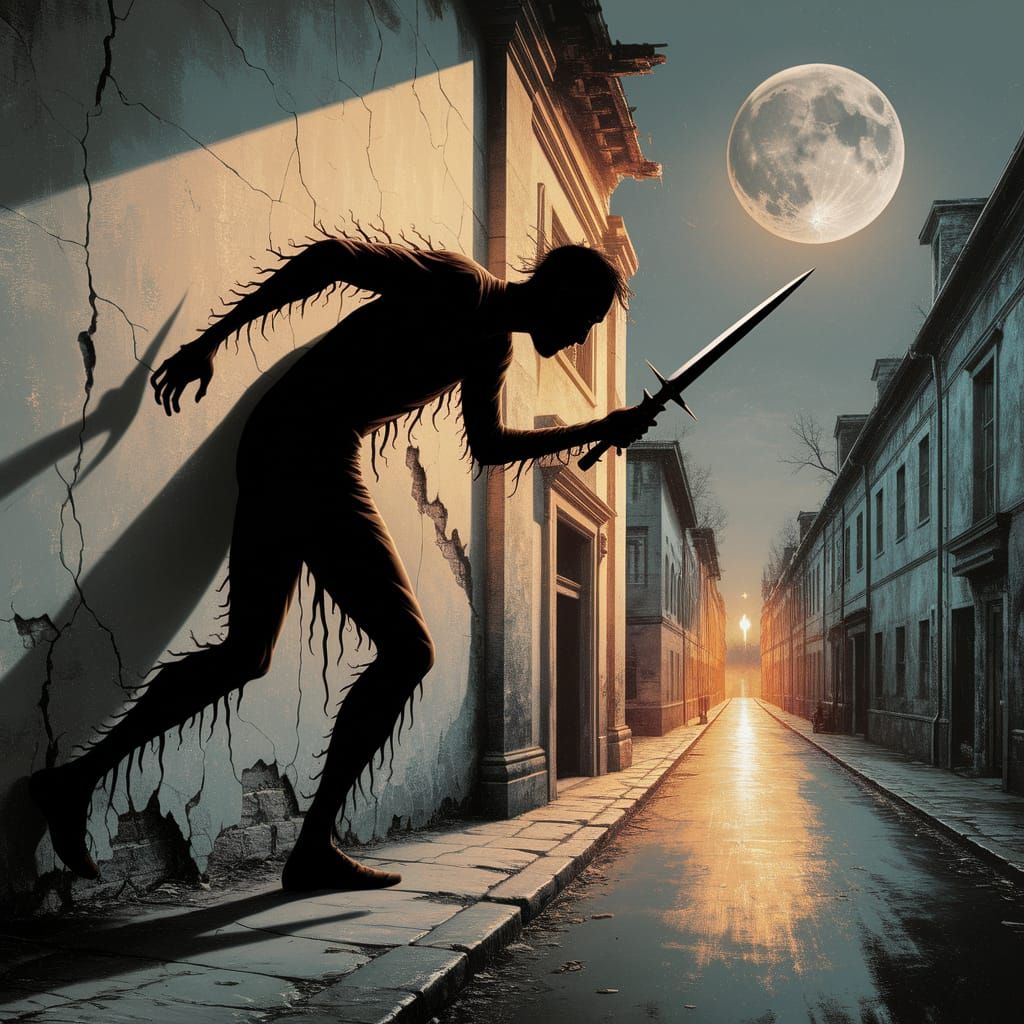 Creepy Shadow Man on Crumbling Wall, Surreal Art