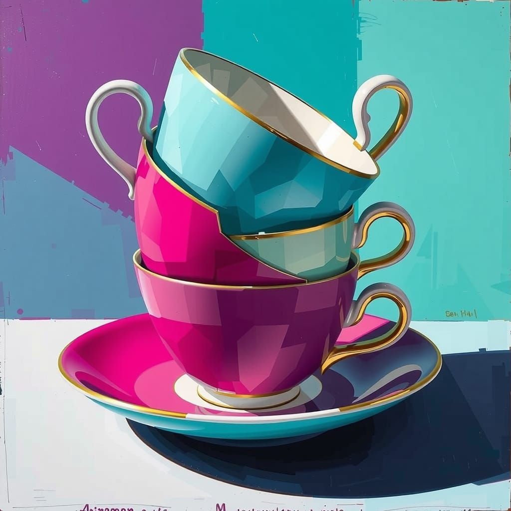Vibrant Geometric Teacup Still Life in Abstract Style
