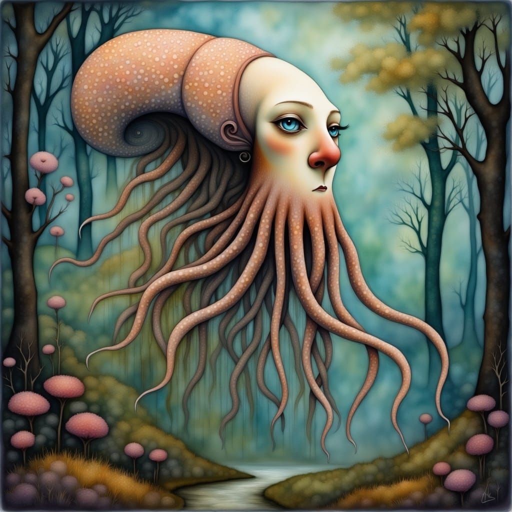 Charming Were-Squid Hybrid in Ethereal Fantasy Style