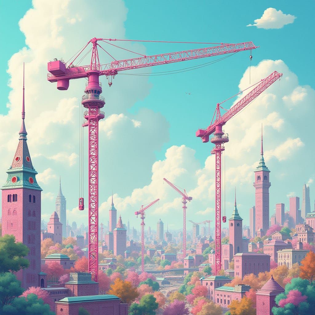 Whimsical Pink Crane Cityscape in Pastel Hues