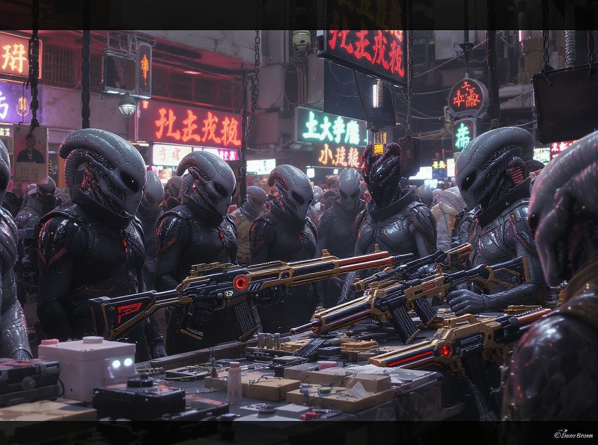 Alien Street Market Bazaar with Sci-Fi Weapons