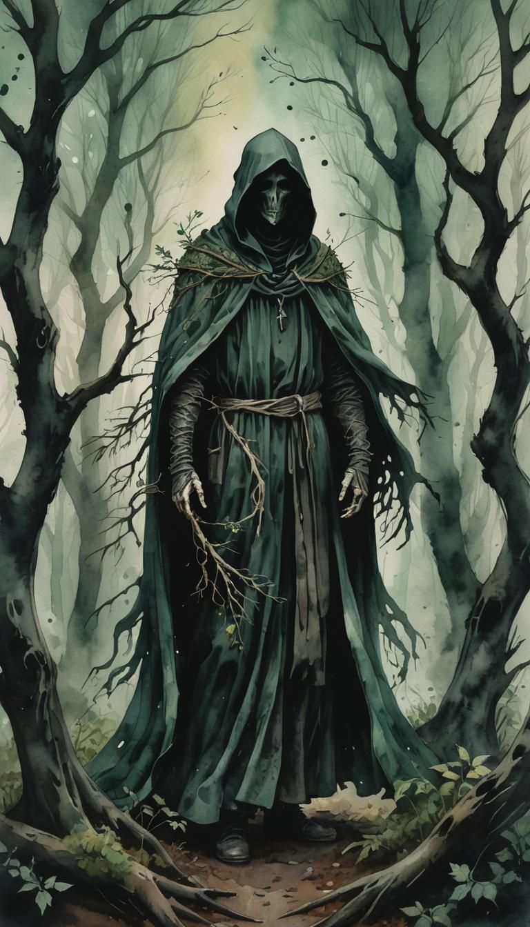 Surreal Mystic Walking in Dark Forest