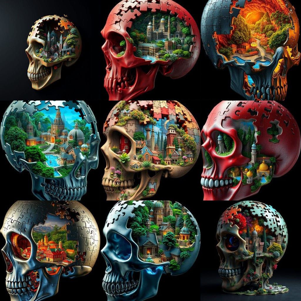 Vibrant, Realistic Skull with Miniature Cityscape