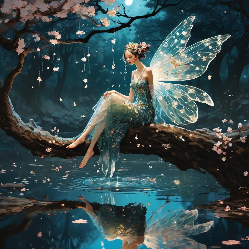 Ethereal Spring Fairy Amidst Cherry Blossoms and Moonlight