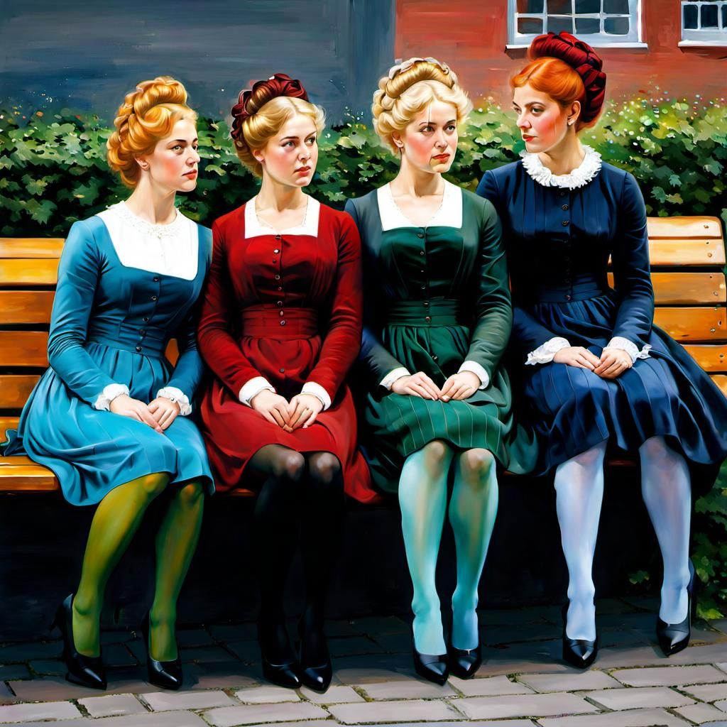 Danish Girls in Colorful Pantyhose, Oil Painting