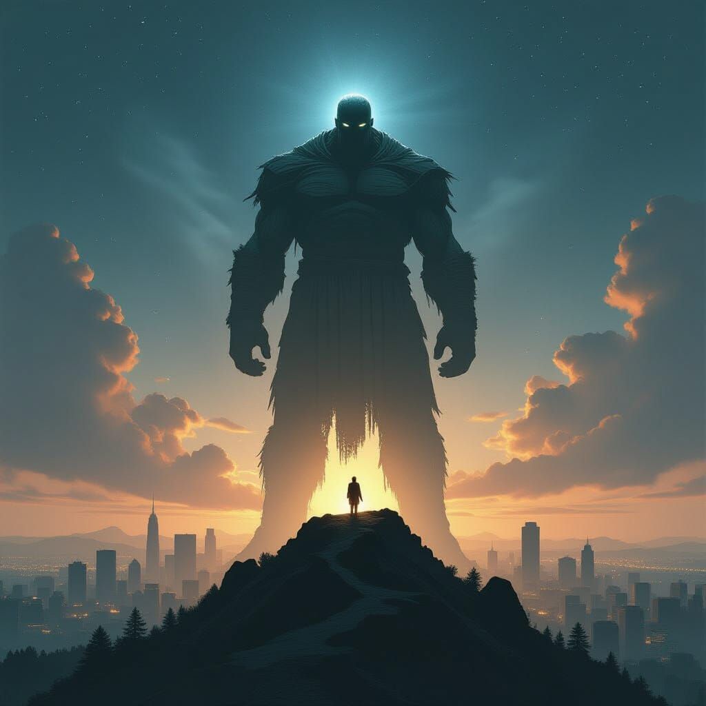 Colossal Titan Over Metropolis in Dark Realism Style