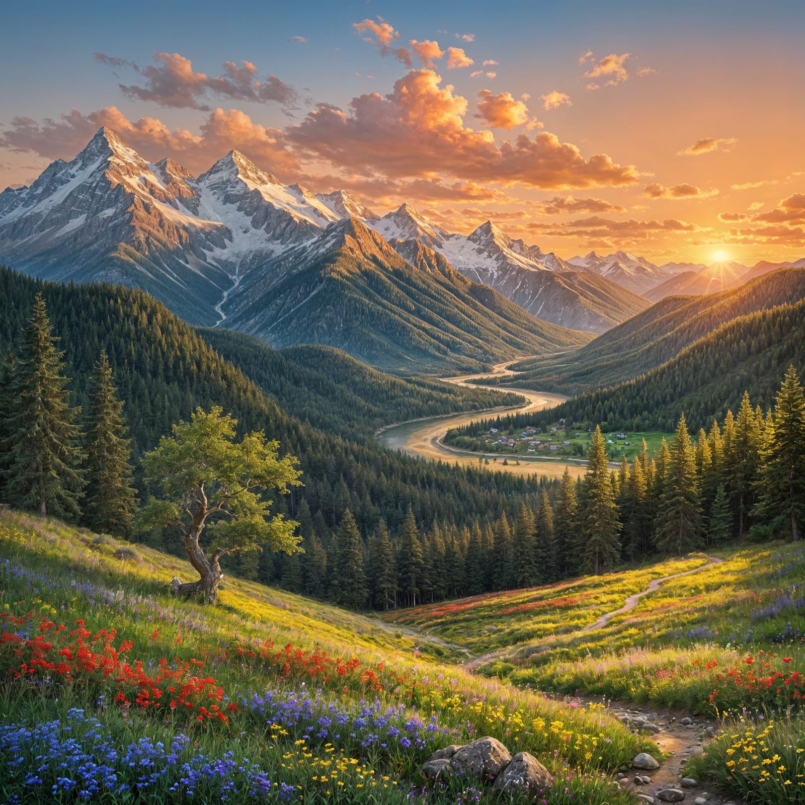 Majestic Mountain Sunset Over Lush Valley and Village
