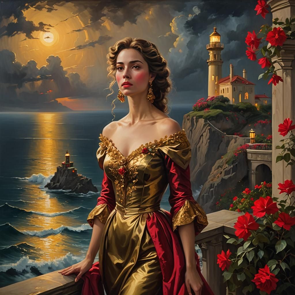 Elegant Woman on Golden Balcony, Soft Golden Light, Caravagg...