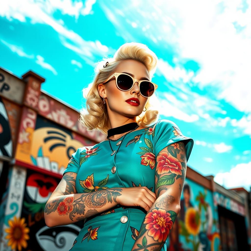 Glamorous Woman Under Turquoise Sydney Sky in Retro Style