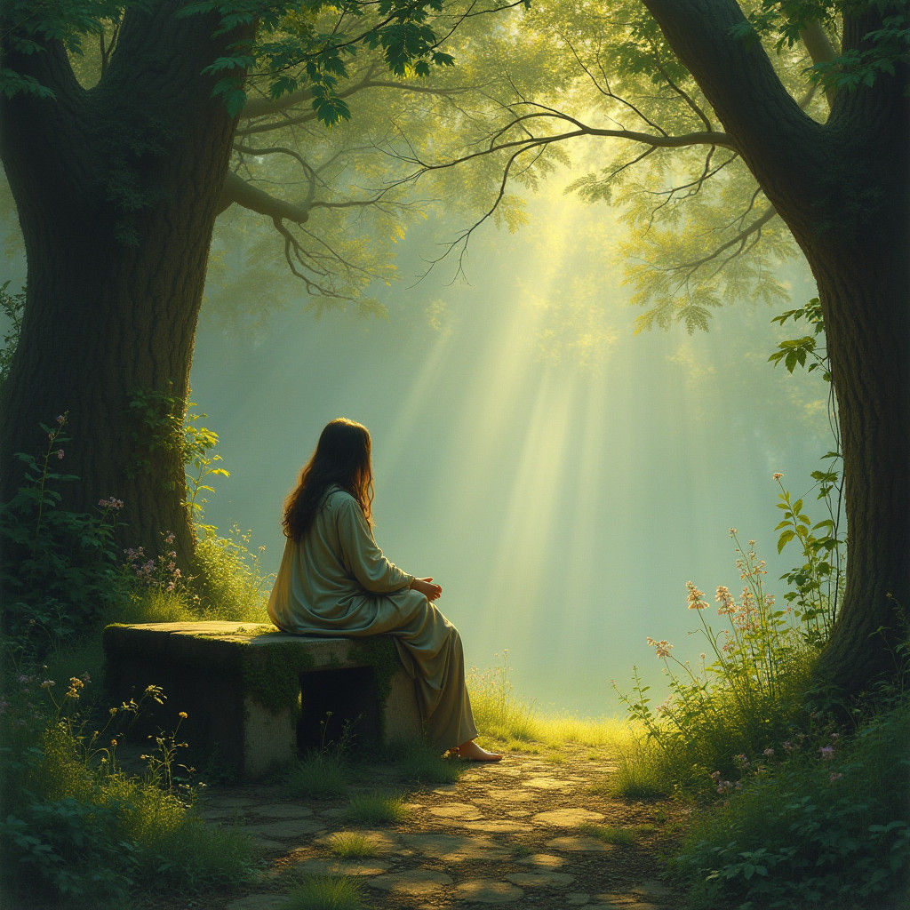 Contemplative Figure in Golden Misty Forest