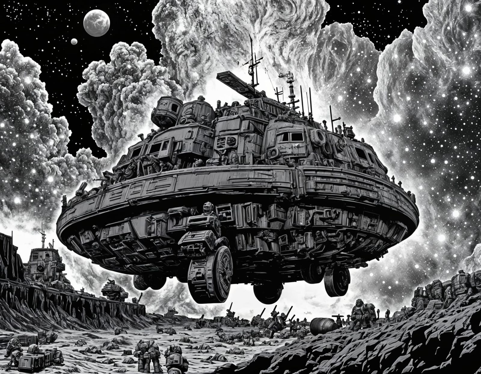 Warhammer 40k Imperial Navy Ship in Grayscale Sketch Style