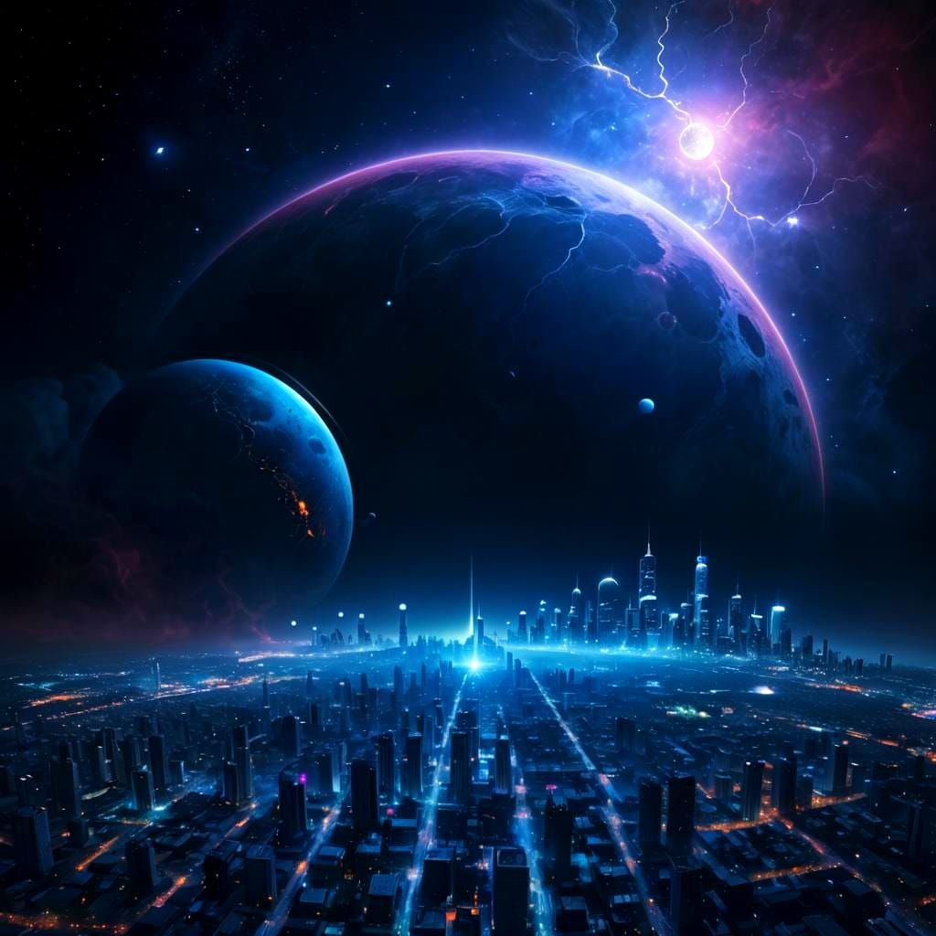 Galactic Metropolis Under Celestial Skies