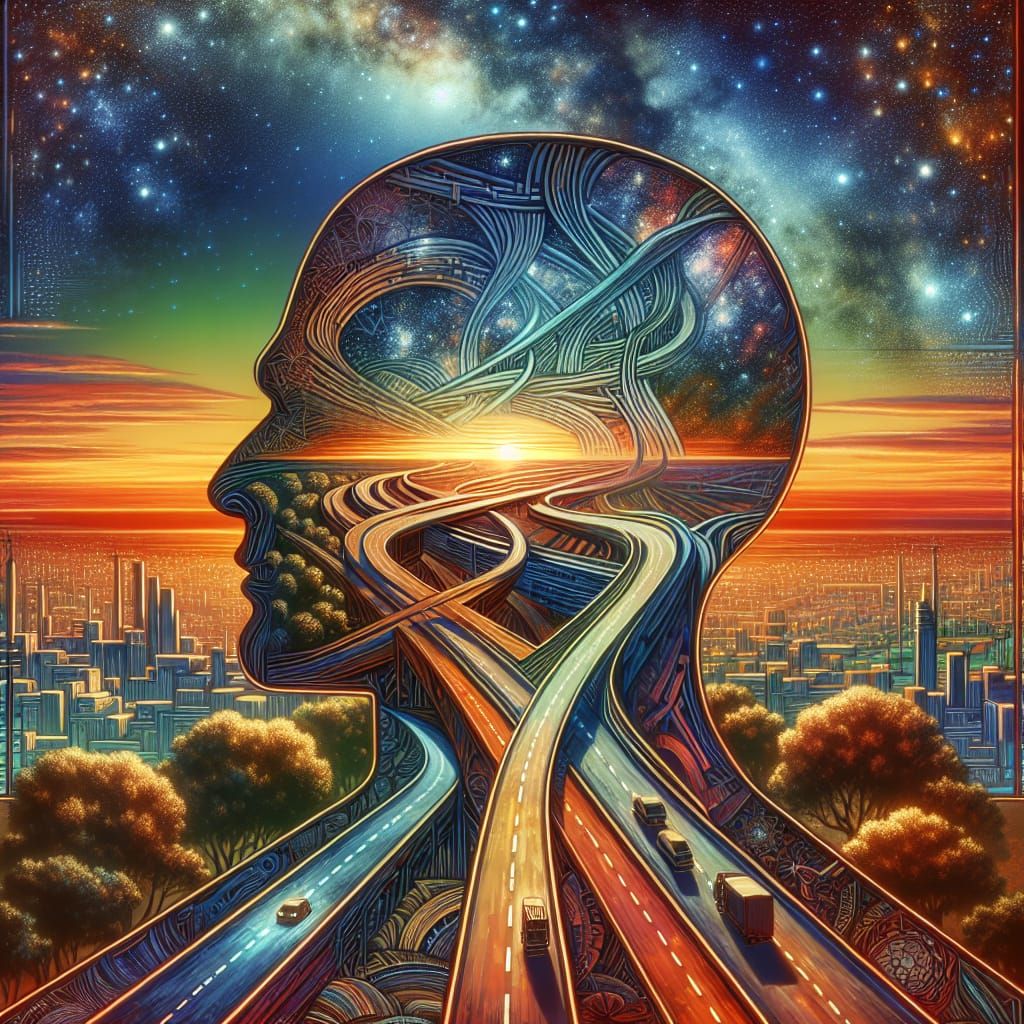 Roads merging inside a man’s head, insanely detailed art about a road to freedom from inside the mind, visually, stunnin...