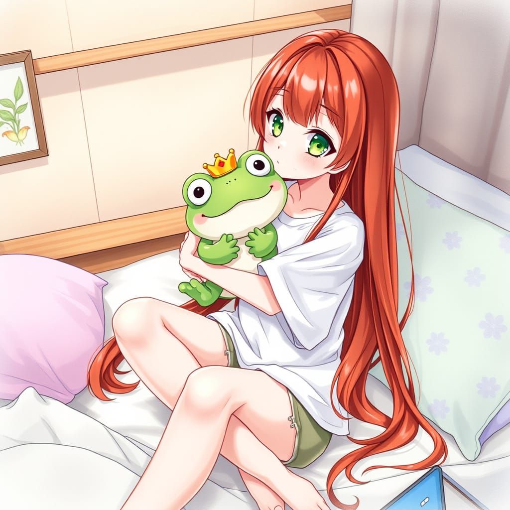 Kawaii Japanese Girl Hugs Frog Plushie in Fantasy Bedroom