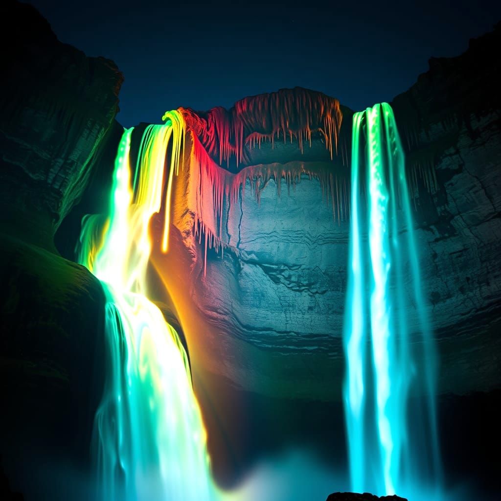 Ancient Geoglyphs Merge with Waterfall Double Exposure