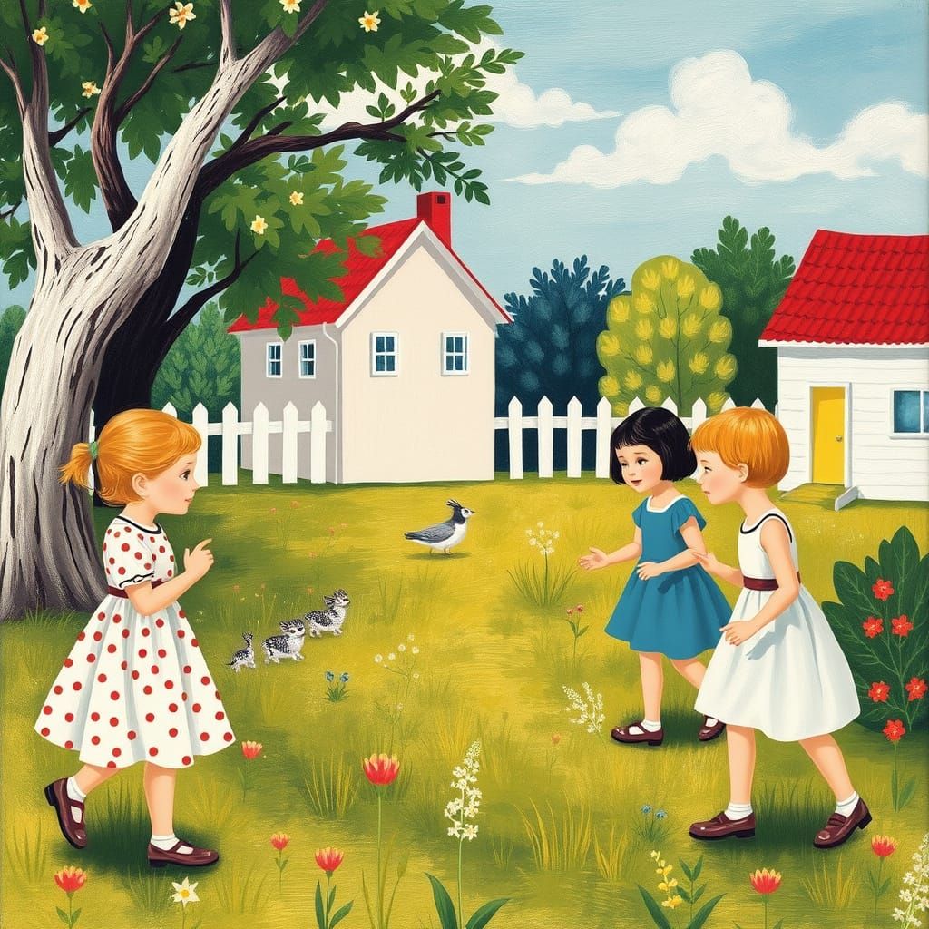 Retro Children Playing: Naive Art in Pastel