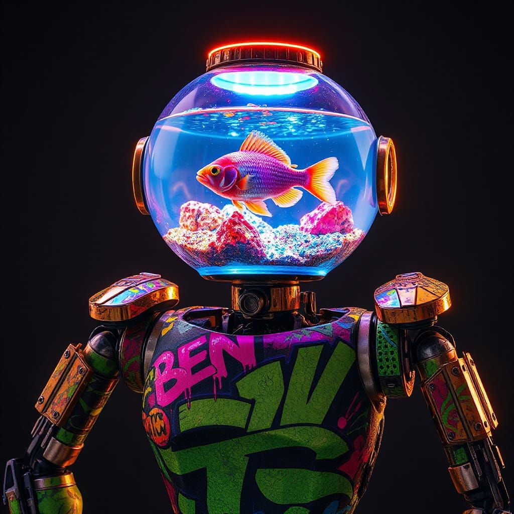 Neon Robot with Graffiti Body and Crystal Aquarium Head