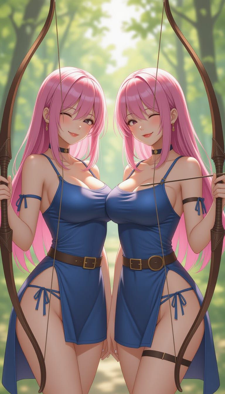 Two Playful Pink-Haired Archers in Sunlit Forest