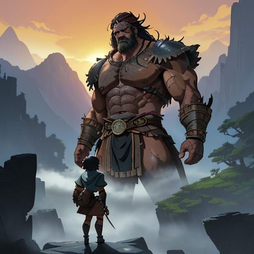 Majestic Goliath Barbarian in Sunset Landscape