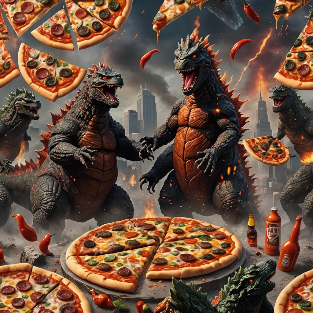 Godzilla Hot Sauce Pizza in Fantastical, Detailed Matte Pain...