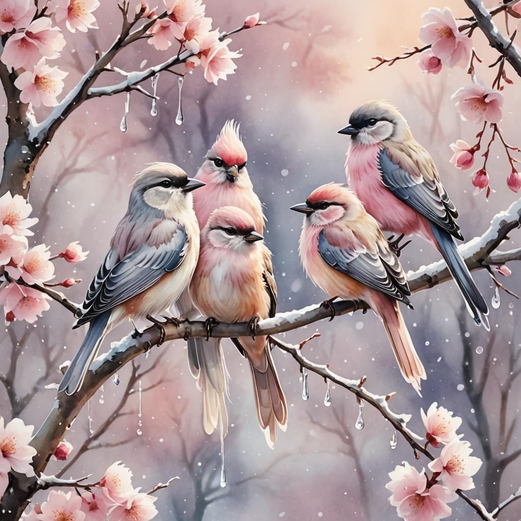 Whimsical Watercolor Illustration of Fluffy Birds in Snowy P...