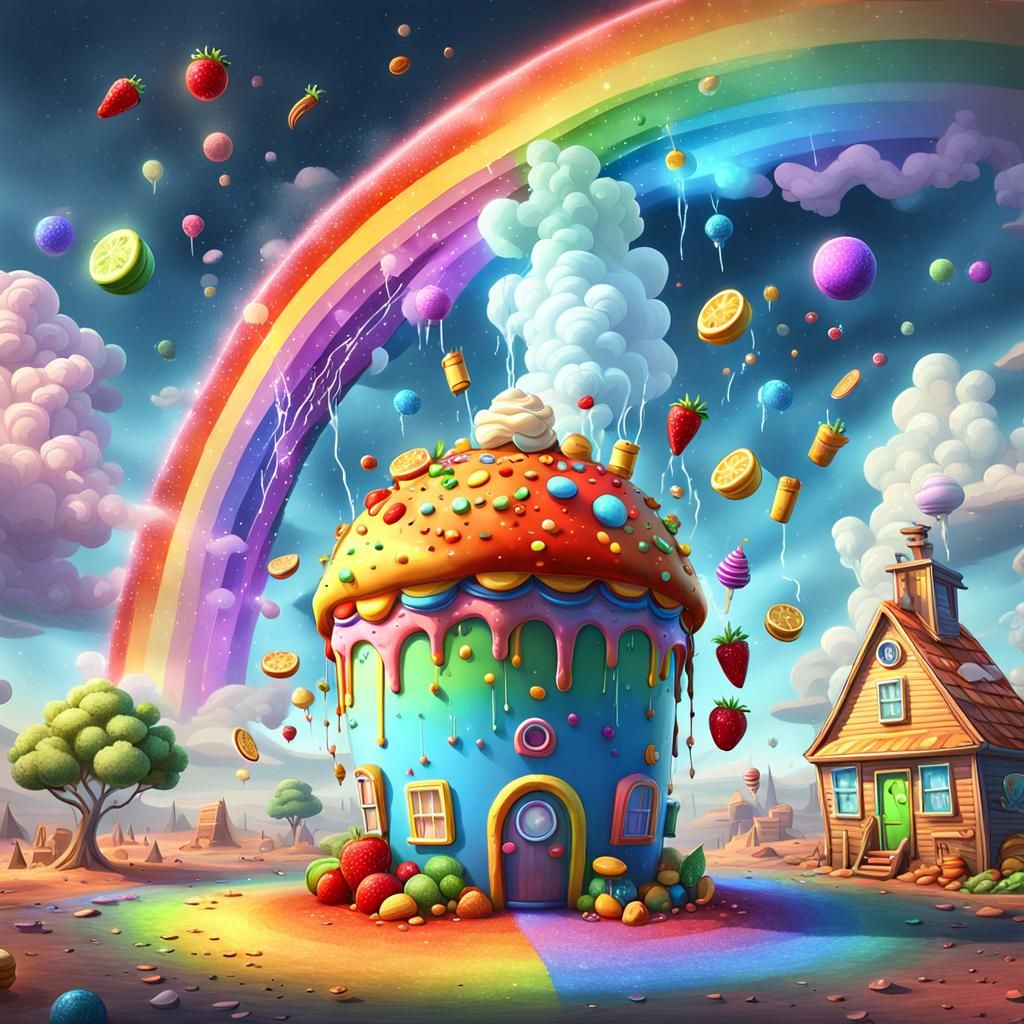 Vibrant, Quirky Cartoon Food in a Dreamlike Setting