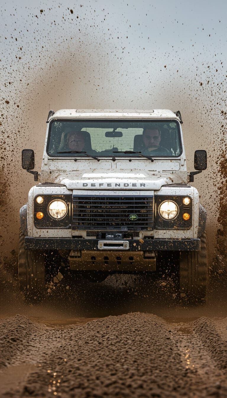 Land Rover Defender Splashing Through Mud