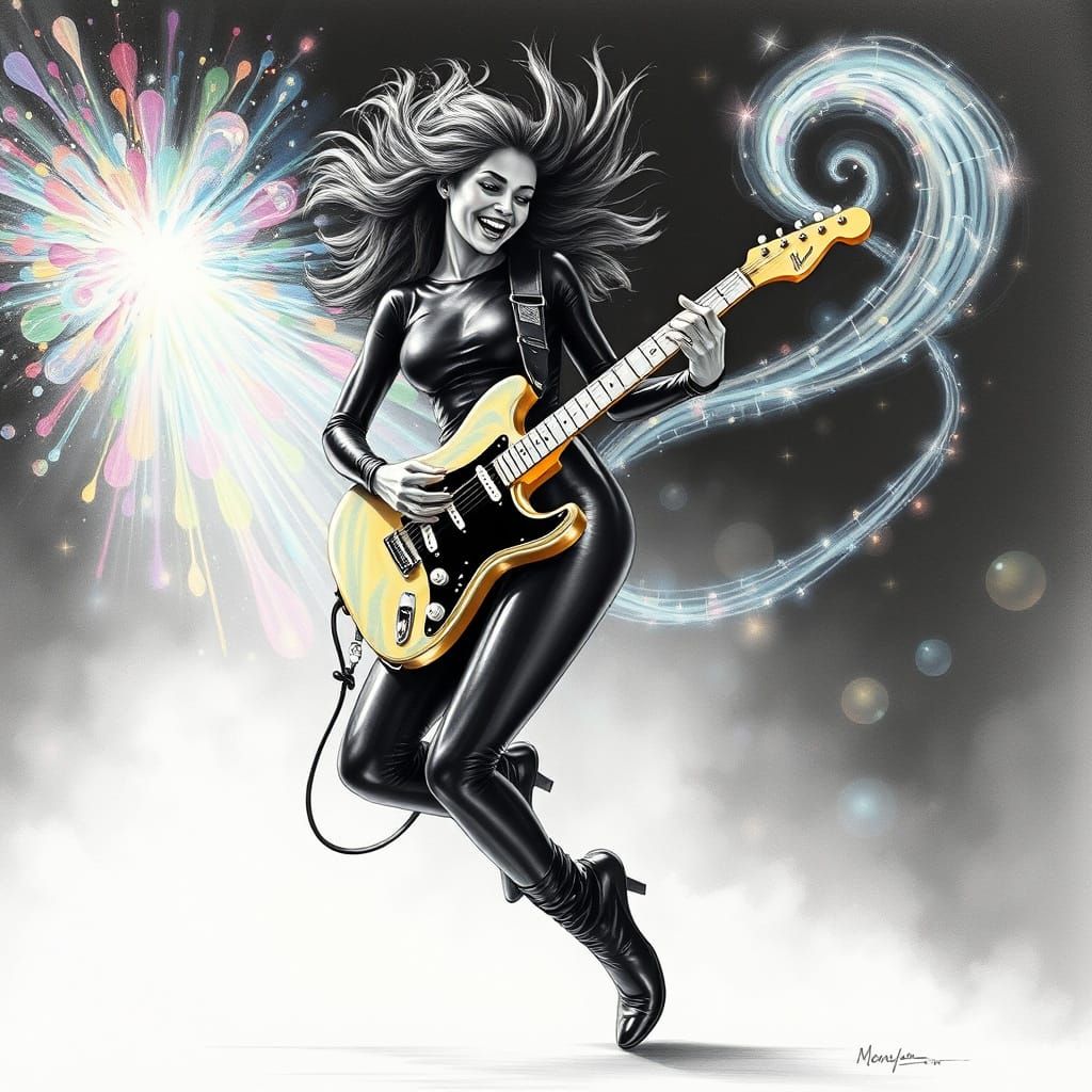 Joyful Guitarist in Black Catsuit Somersaults Amidst Explodi...