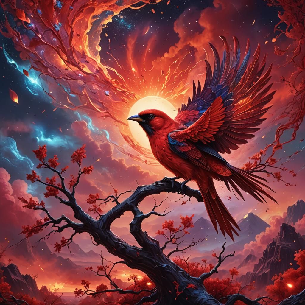 Enchanted Crimson Avian in Radiant Red Cosmos