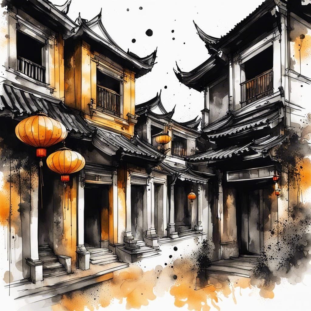 Vietnamese Ancient Townscape in Whimsical Ink Art Style