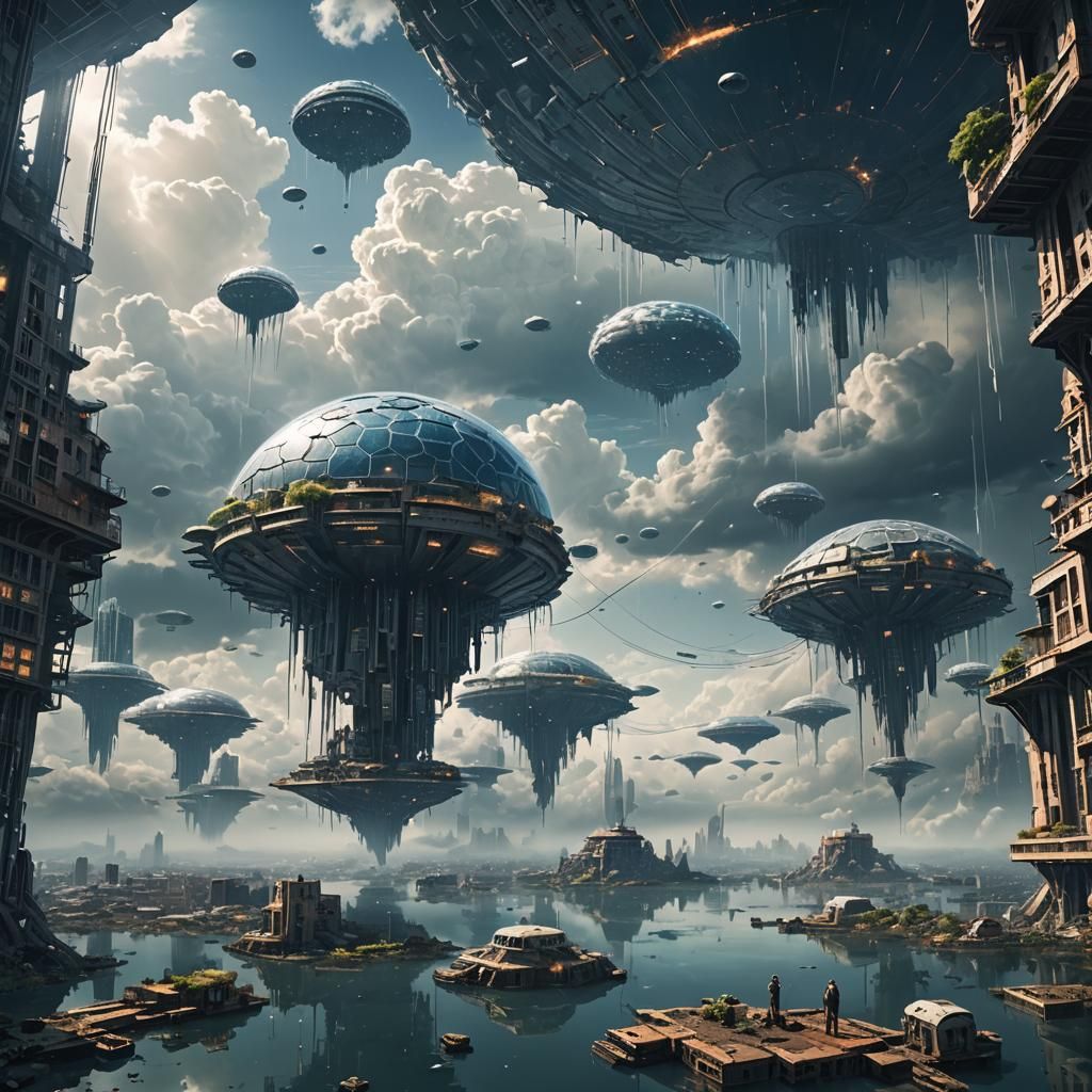 Humanity living in cloud cities far above the surface of the...