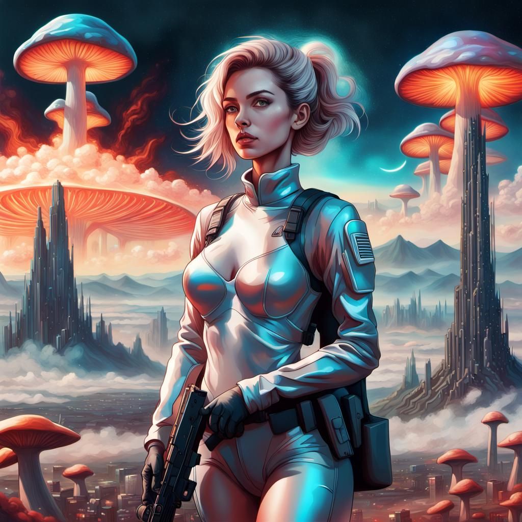 Futuristic Female Warrior Standing Before Apocalyptic Metrop...