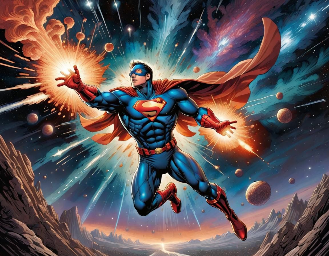 Superhero Soars Through Cosmic Night