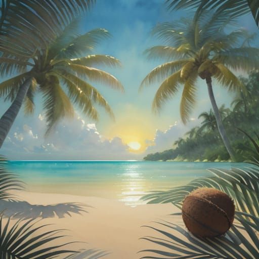 Realistic Watercolor Coconut on White Surface