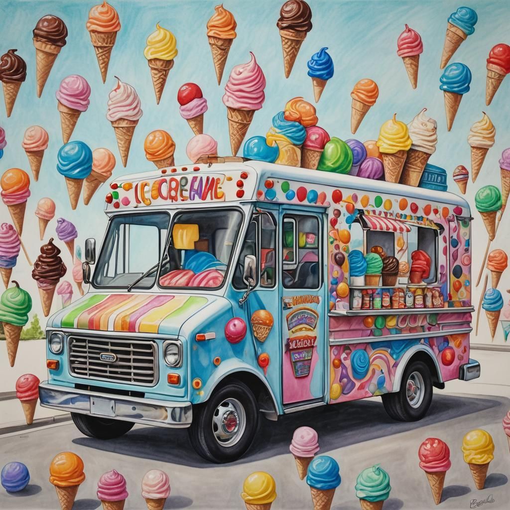 Vibrant Ice Cream Truck in Whimsical Colored Pencil Style