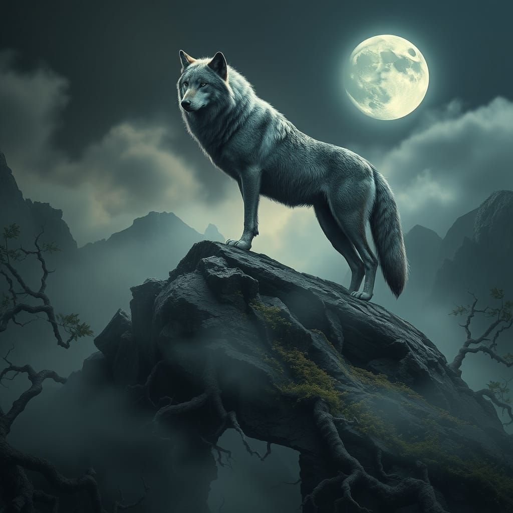 Majestic Grey Wolf Under the Mystical Full Moon