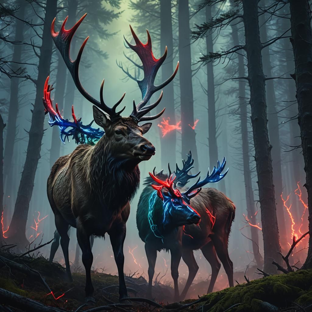 Epic Neon Elk Charges Through a Dark Forest
