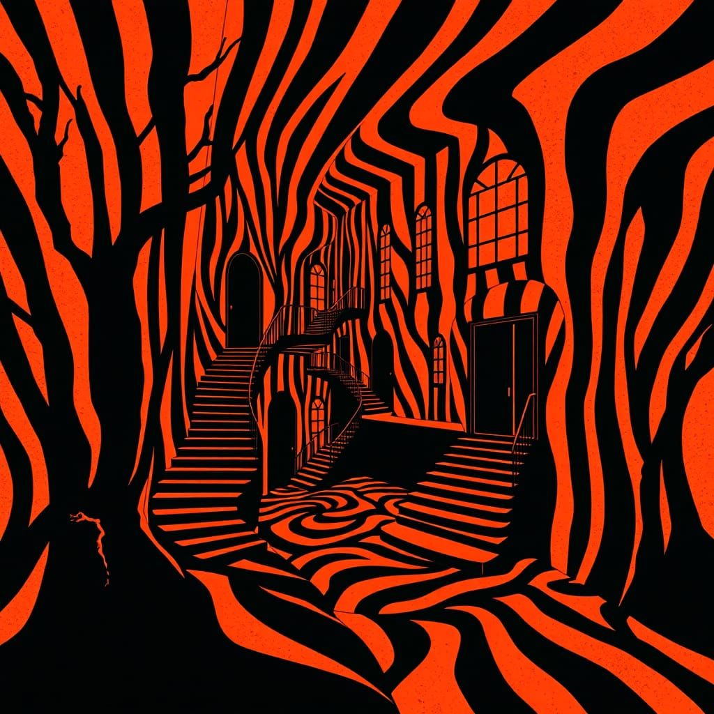 Surreal Tiger Stripes Converge into Haunted House Illusions