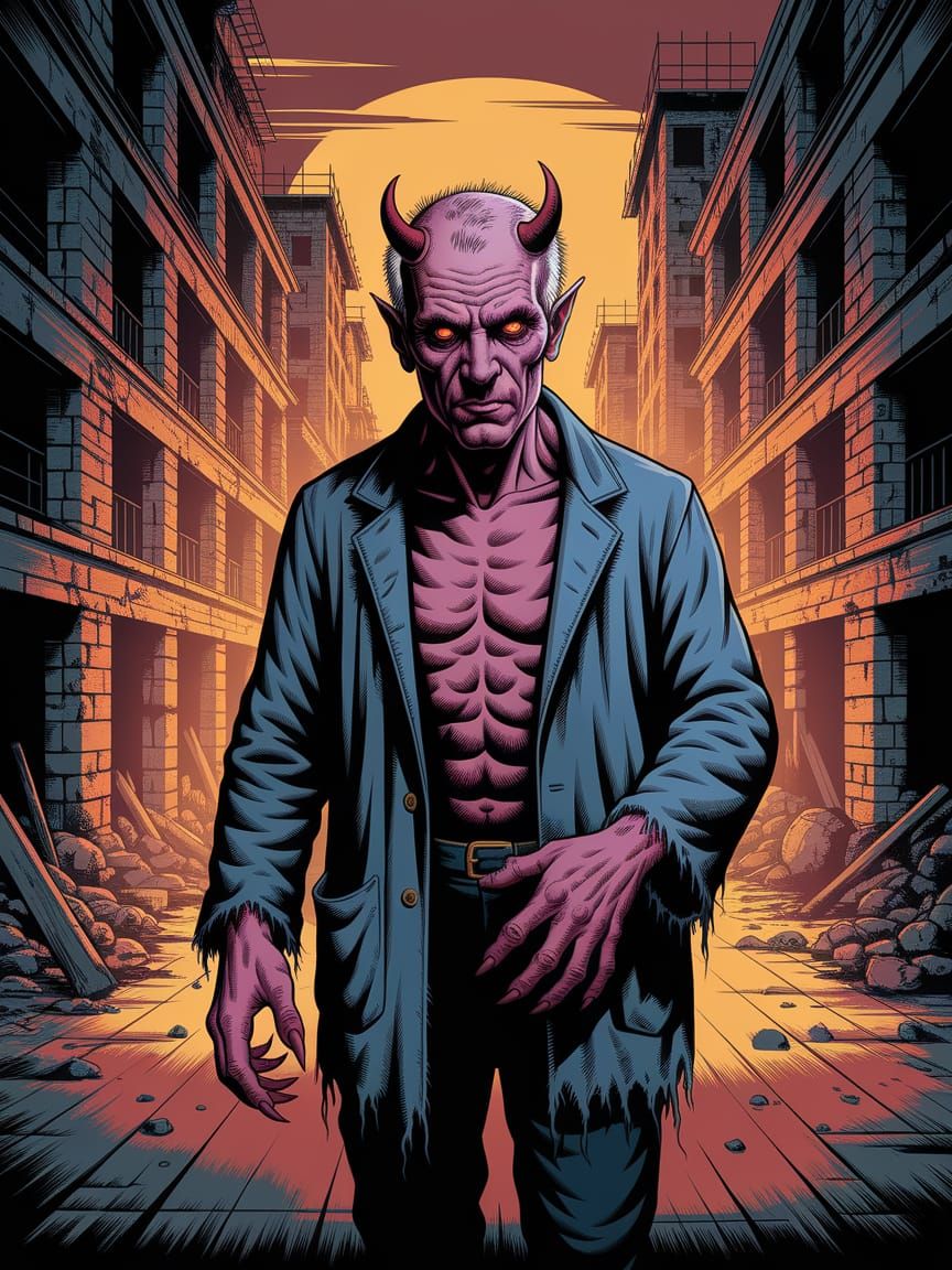 Weary Devil in Decaying City: Neo-Primitivism Art